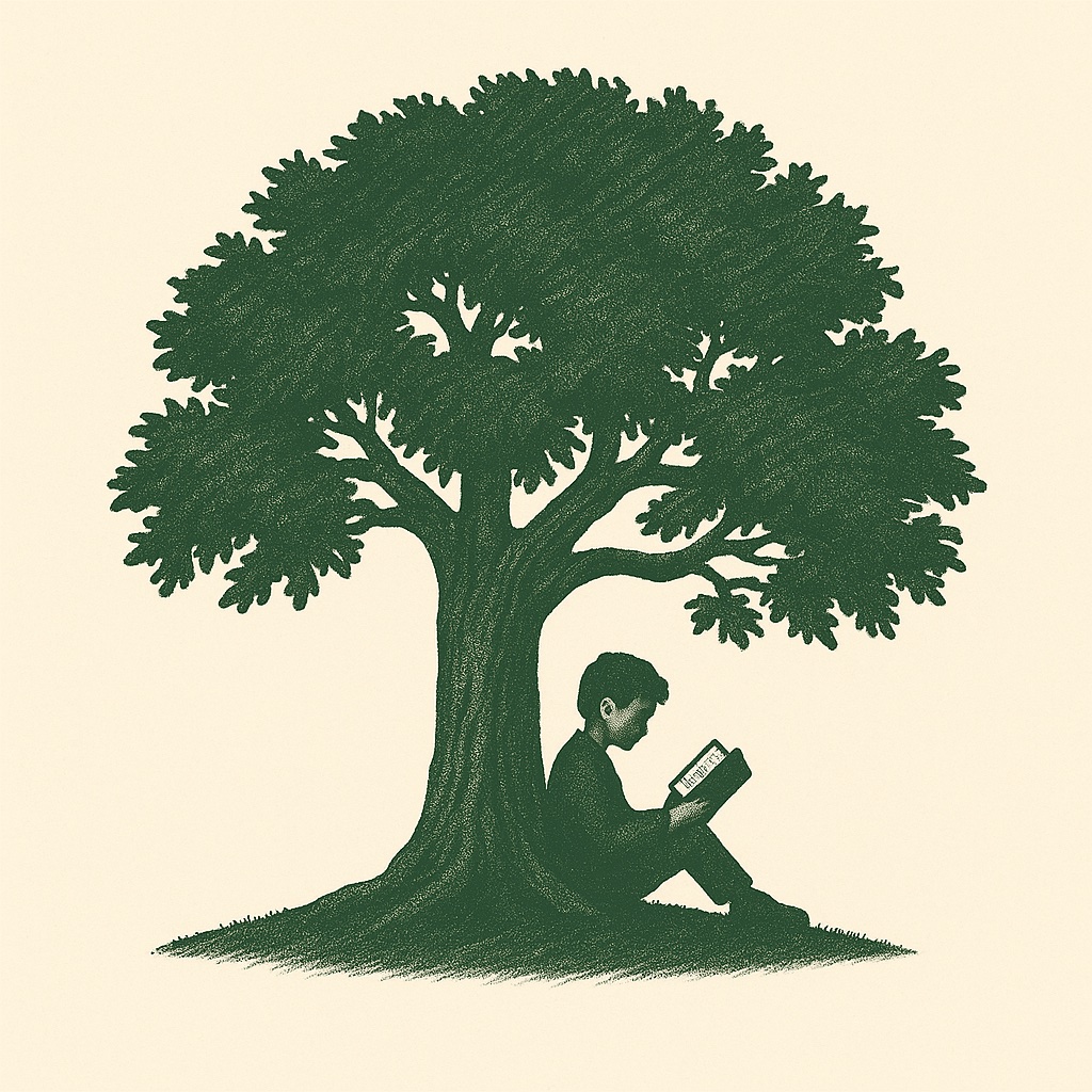 The Shade Tree Fund Logo - A boy reading under a large tree